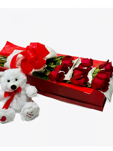 12 Red Roses in Box with Teddy Bear