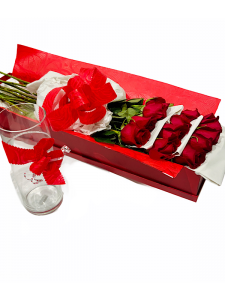 12 Red Roses in Box + Glass Vase