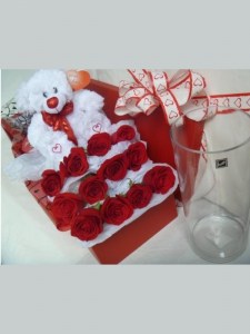 12 Red Rose Box + Teddy Bear + Glass Vase